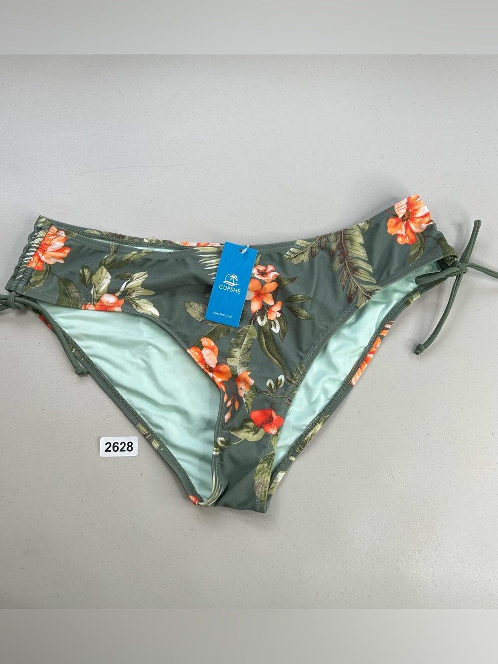 New Cupshe Womens XL Tie Cinch Bikini Swimsuit Bottom Green Tropical Hibiscus
